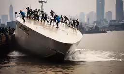 people are walking around a ship in the water