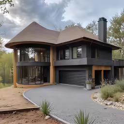an unusual looking house with grass and bushes