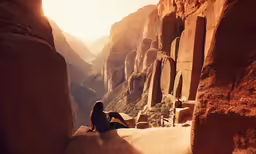 a woman sitting on top of a mountain cliff