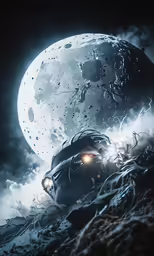 a truck driving past a giant moon over the top of a pile of junk