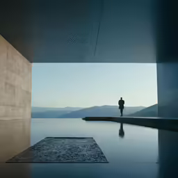 the person is standing in the water at the edge of a building