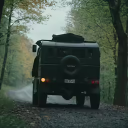 a jeep parked in the woods as smoke rises