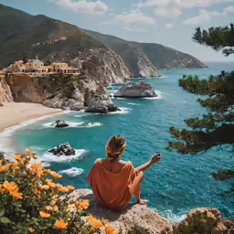 a woman sitting on a cliff looking out at the ocean