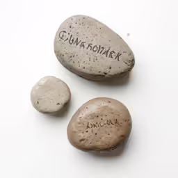three rocks with writing are shown in this photograph