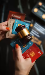 a woman holding up two different credit cards and a gavel on top