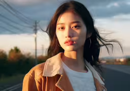 woman in an orange jacket on a road,a young asian woman stands in the middle of an empty street