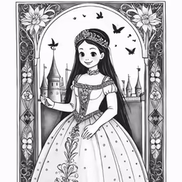 a little girl in a ball gown is standing near a castle