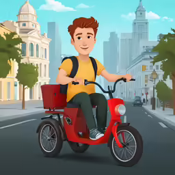 an animated boy on the back of a moped