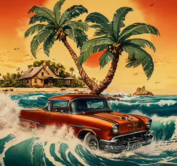 a car with palm trees and house on a beach,an orange car parked on the beach near a palm tree