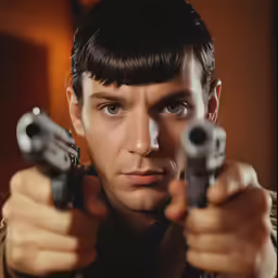 a man with dark hair and black gloves is holding two guns