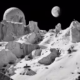 a night time scene shows a snowy mountain landscape