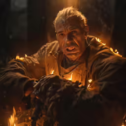 a man holding on to a lot of fire while looking down at the camera