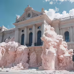 a pink house has a massive sculpture on the corner