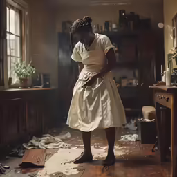 a woman in white standing inside of a kitchen