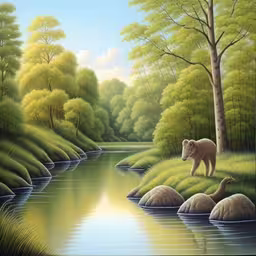 painting of bear and baby in the woods near river,the bear is looking at his reflection in the water,an artistic painting depicts bears near a stream,a painting of a bear and duck in the water,a painting with a bear and swans standing near a river