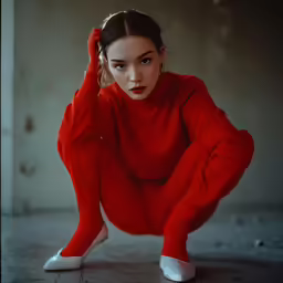 a young lady is squatting wearing all red