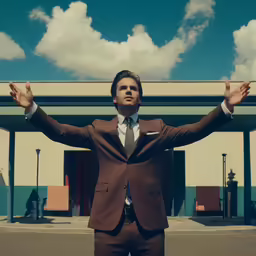 a man in a suit is raising his arms up
