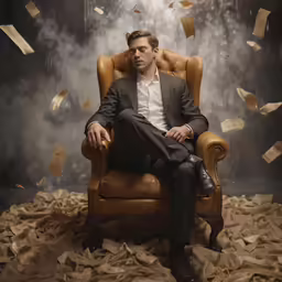 a man sits in a leather chair surrounded by sheets of paper