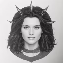 a woman with long hair and horns on her head