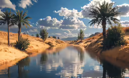 there is a lake with palms in the desert