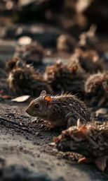 a rat sitting on the ground covered in dirt