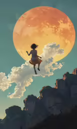 a woman flying in the sky next to a giant red moon