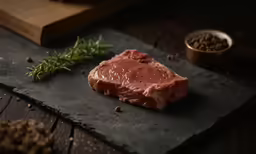 raw meat on a slate board with herbs and spices on the side