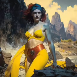 a woman with red hair and makeup in yellow bikini suit
