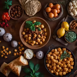several different types of bread, fruit and vegetables