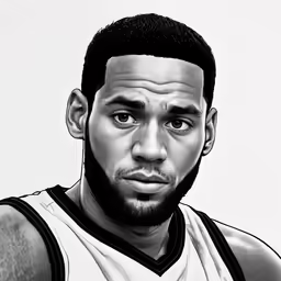 a black and white drawing of a young man in a basketball jersey