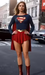 the wonder woman standing on the street, wearing a red skirt and a blue shirt