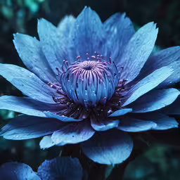 a blue flower is growing out of the ground,large blue flower with very dark blue petals in the center