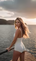 the beautiful woman in a white bodysuit looks at the water