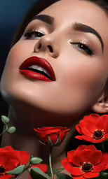 an attractive woman in red lipstick is surrounded by red flowers