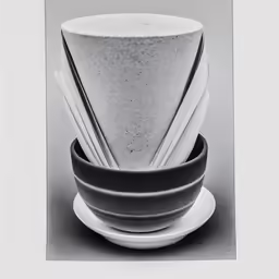 a white and black photo shows a vase that has chopsticks in it