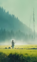 a man walking through a field in front of mountains