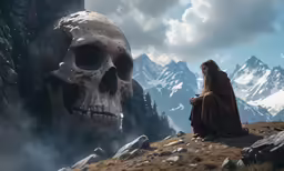 a man sitting in front of a giant skull next to a mountain