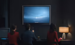 the people are sitting at the table watching the tv