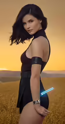 a sexy young woman standing in front of a field with the lights shining on her stomach