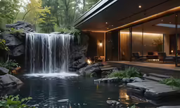 an indoor pond and waterfall with seating area around it