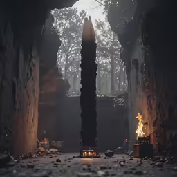 a dark stone building with flames lit inside