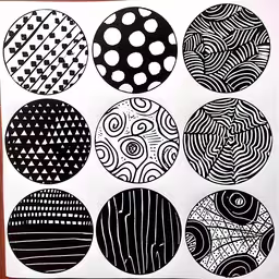 a picture of black and white art and the text all the things on it,eight circle prints with lines and dots on paper