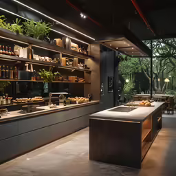 a restaurant with lots of food on a counter and two lights