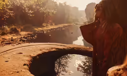 a woman standing on top of a stone bridge