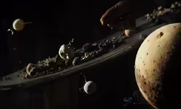 a person reaching for a space model in the dark