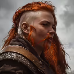 a woman with red hair and blue eyes