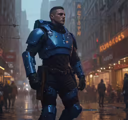 a man in a sci - fil suit standing on the street,a man dressed in a blue suit and full body armor standing on the side of the road
