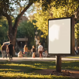 a white sign sits in the middle of a park