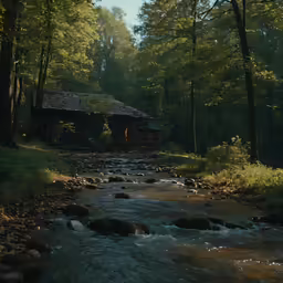 a stream flowing into a lush green forest
