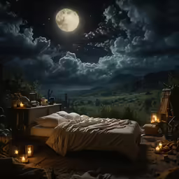 a large bed with an unmade up night scene is near a full moon